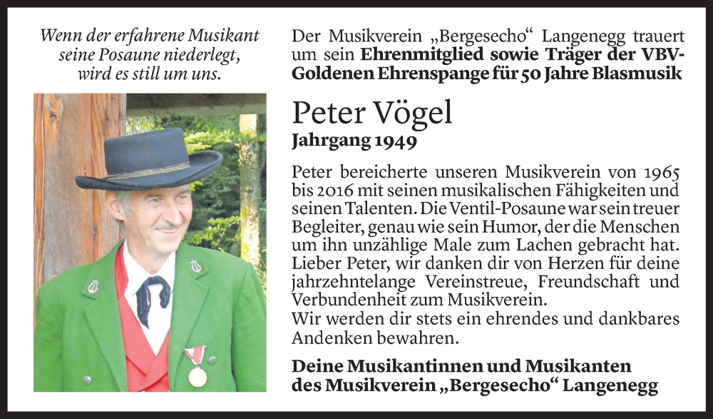  Todesanzeige für Peter Vögel vom 27.11.2025 aus Vorarlberger Nachrichten