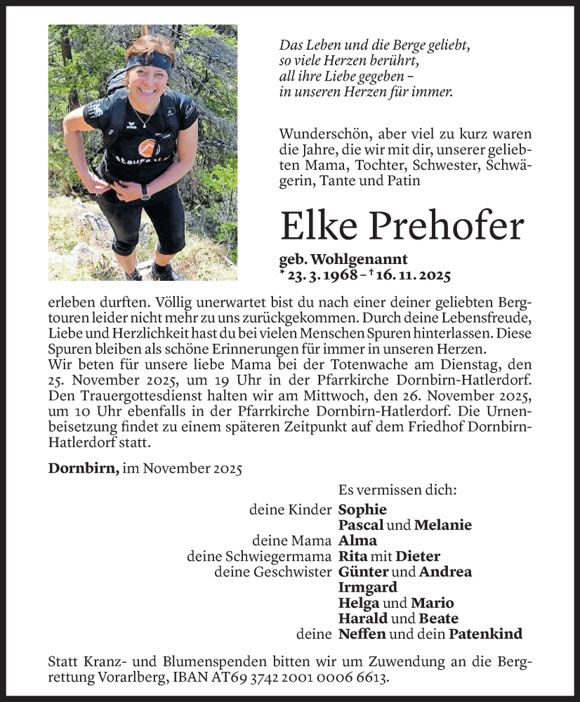  Todesanzeige für Elke Prehofer vom 21.11.2025 aus Vorarlberger Nachrichten