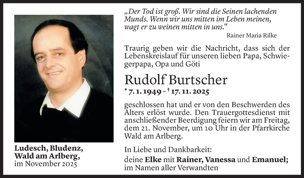  Todesanzeige für Rudolf Burtscher vom 18.11.2025 aus Vorarlberger Nachrichten