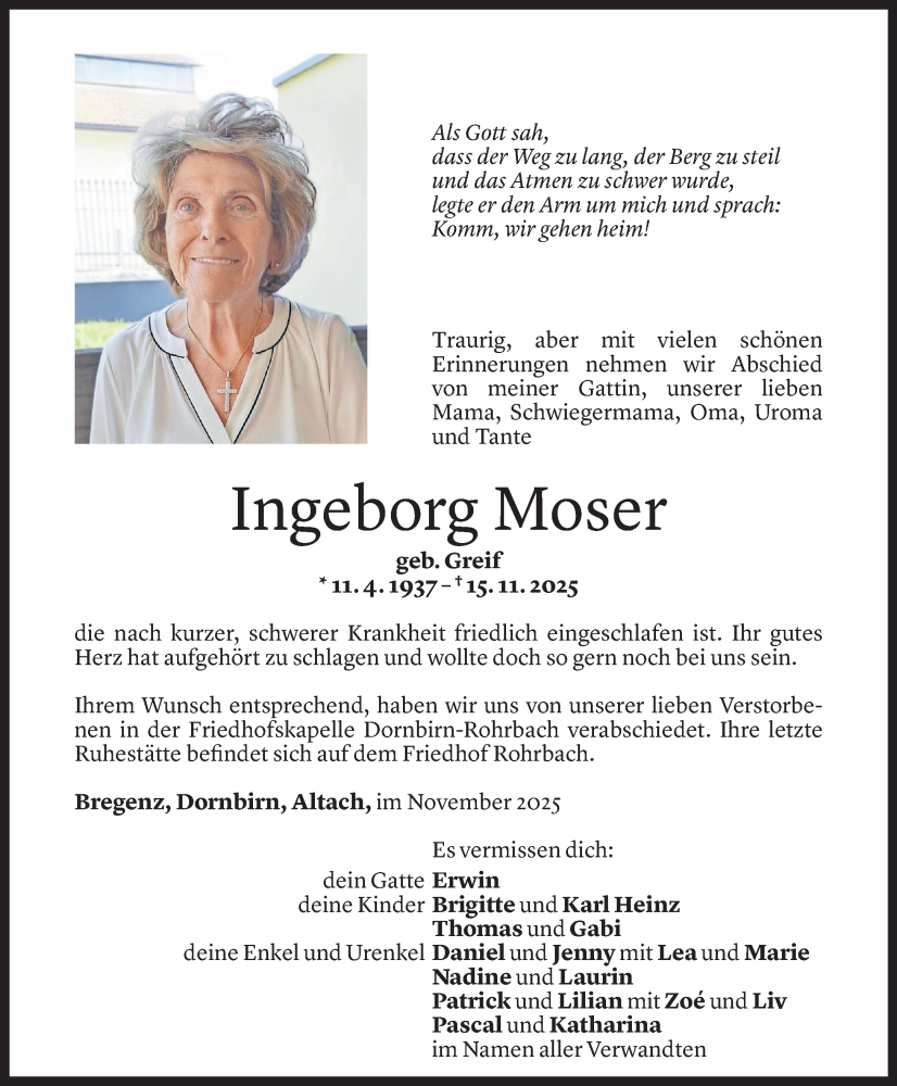  Todesanzeige für Ingeborg Moser vom 29.11.2025 aus vorarlberger nachrichten