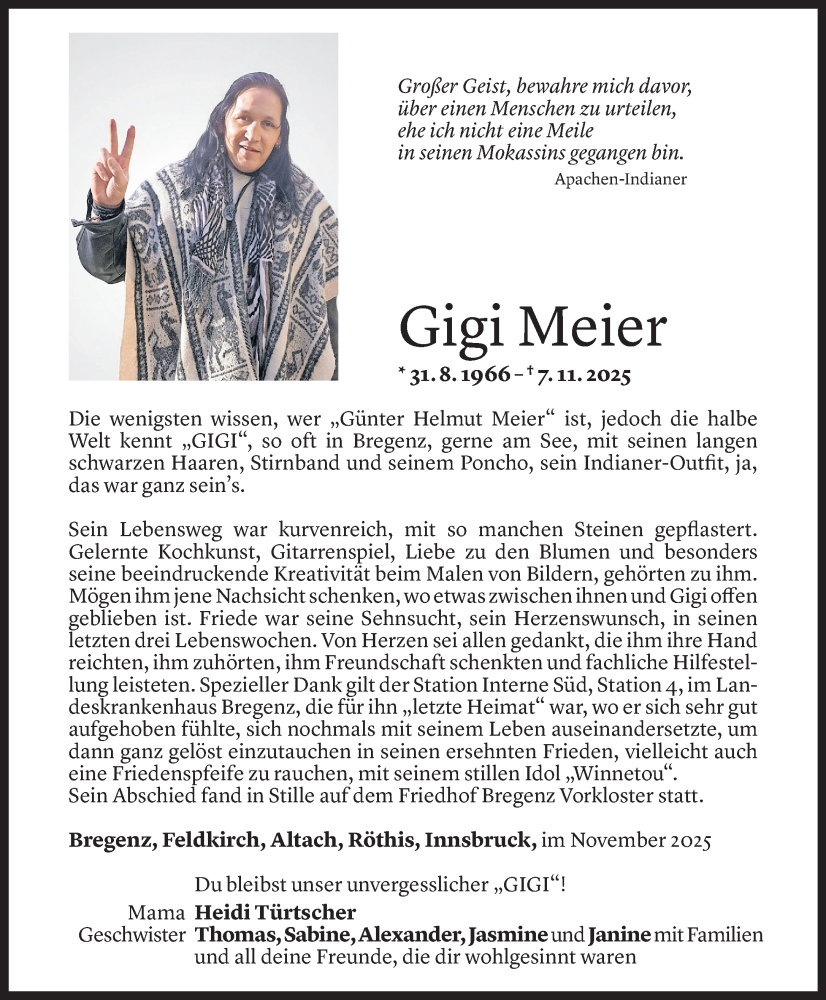  Todesanzeige für Gigi Günter Helmut Meier vom 22.11.2025 aus Vorarlberger Nachrichten