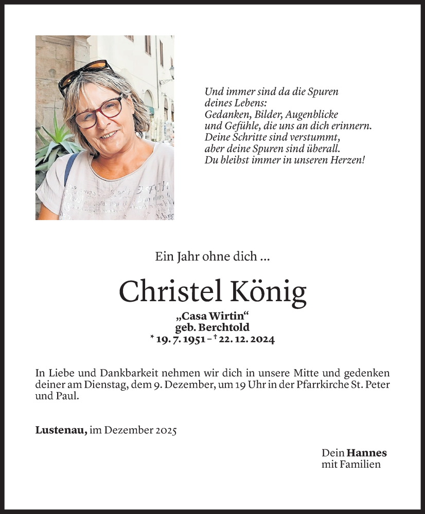  Todesanzeige für Christel König vom 05.12.2025 aus Vorarlberger Nachrichten