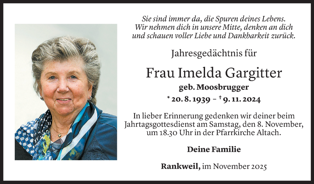  Todesanzeige für Imelda Gargitter vom 05.11.2025 aus Vorarlberger Nachrichten