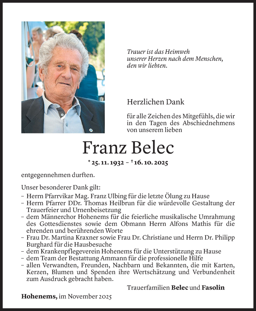  Todesanzeige für Franz Belec vom 27.11.2025 aus Vorarlberger Nachrichten