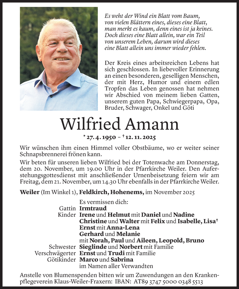  Todesanzeige für Wilfried Amann vom 14.11.2025 aus Vorarlberger Nachrichten