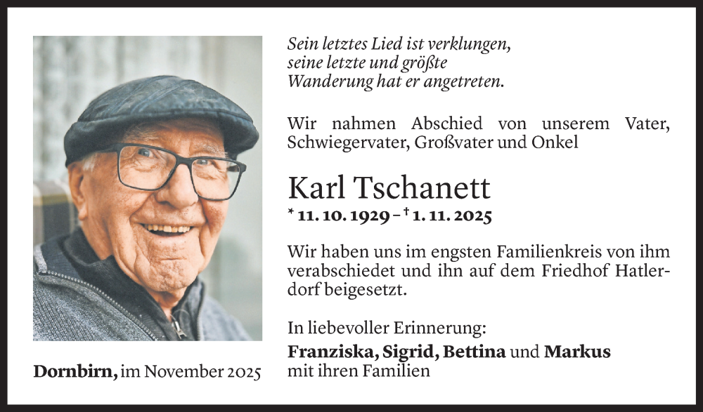  Todesanzeige für Karl Tschanett vom 09.11.2025 aus vorarlberger nachrichten