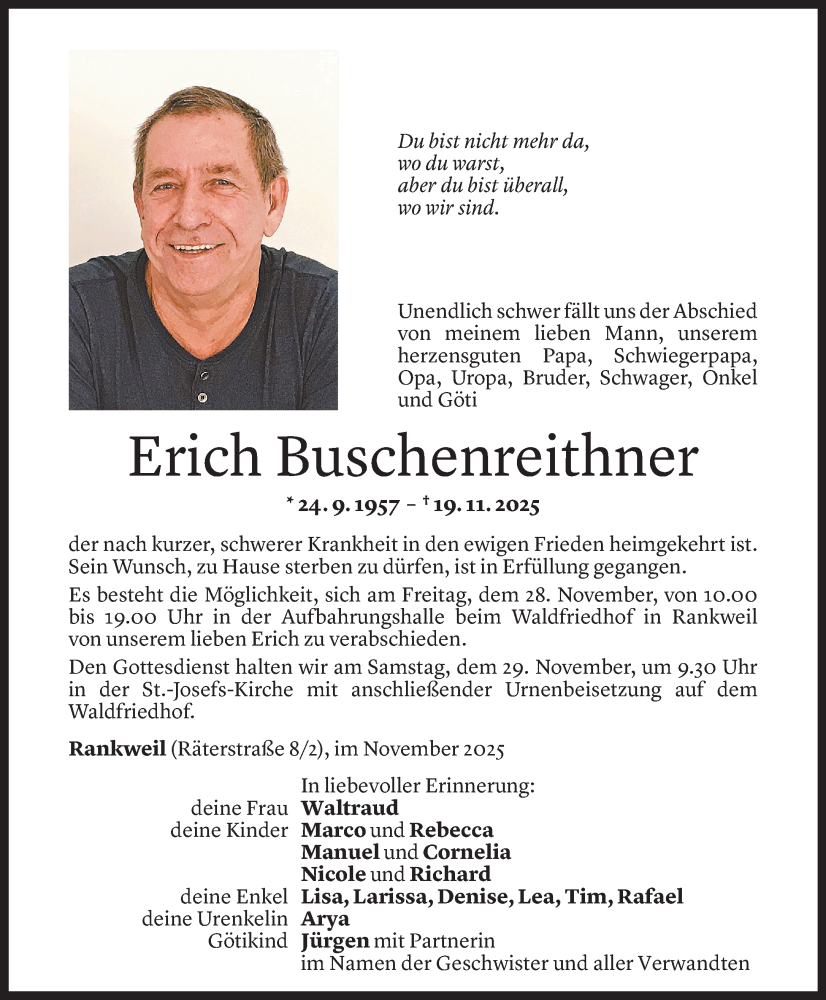 Todesanzeige für Erich Buschenreithner vom 20.11.2025 aus Vorarlberger Nachrichten