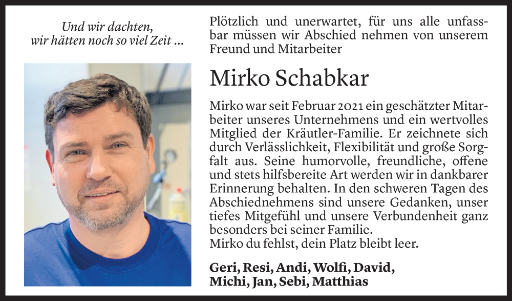  Todesanzeige für Mirko Schabkar vom 29.11.2025 aus vorarlberger nachrichten
