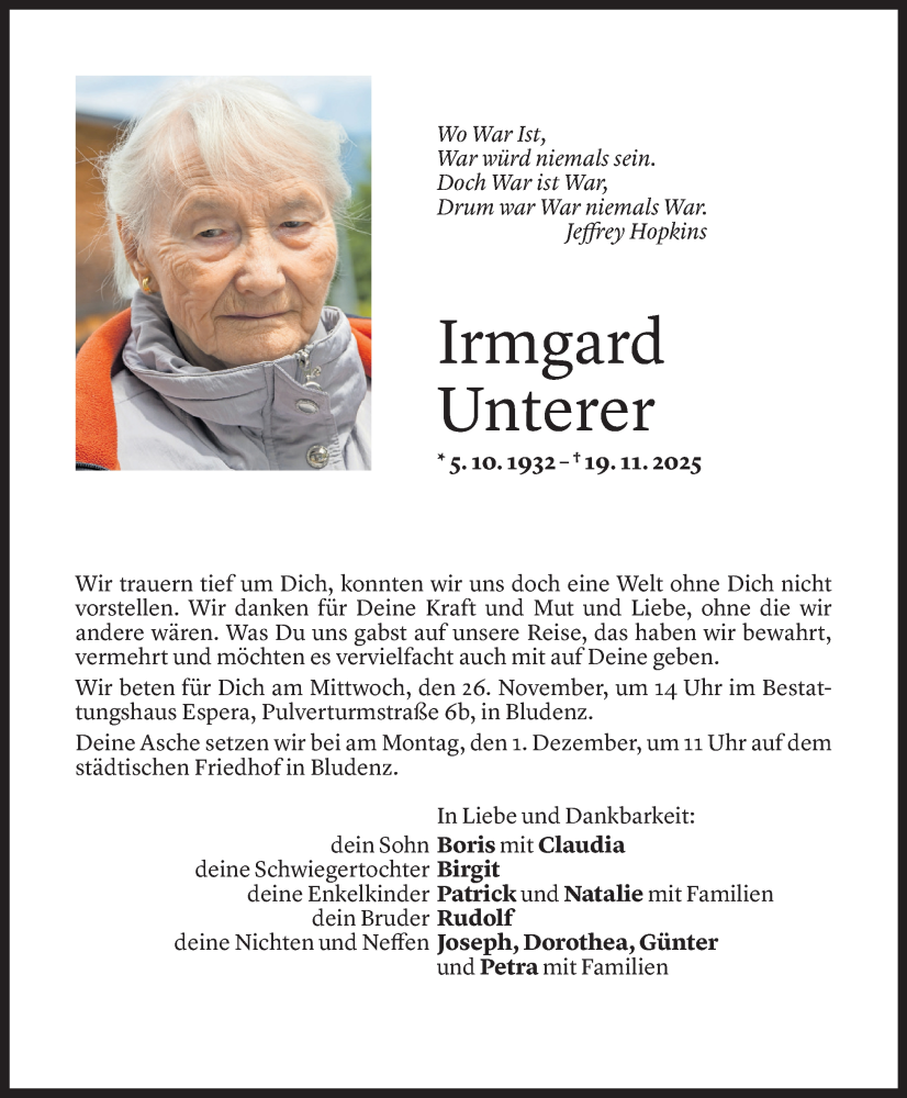  Todesanzeige für Irmgard Unterer vom 21.11.2025 aus Vorarlberger Nachrichten