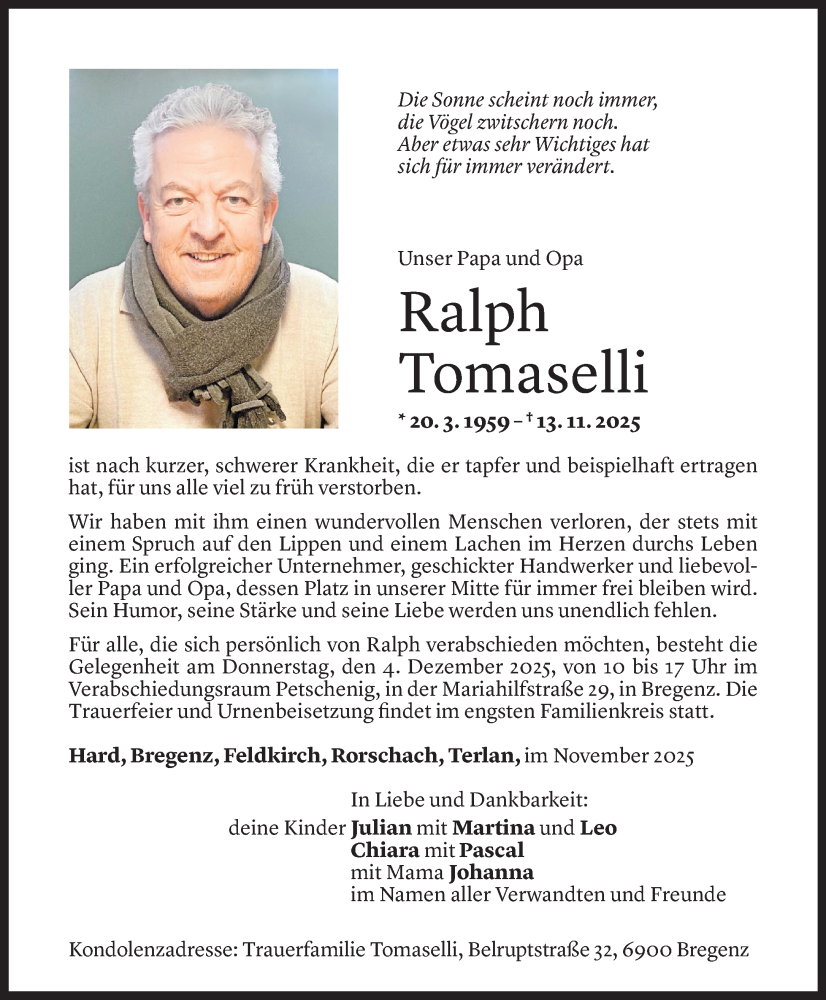  Todesanzeige für Ralph Tomaselli vom 27.11.2025 aus Vorarlberger Nachrichten