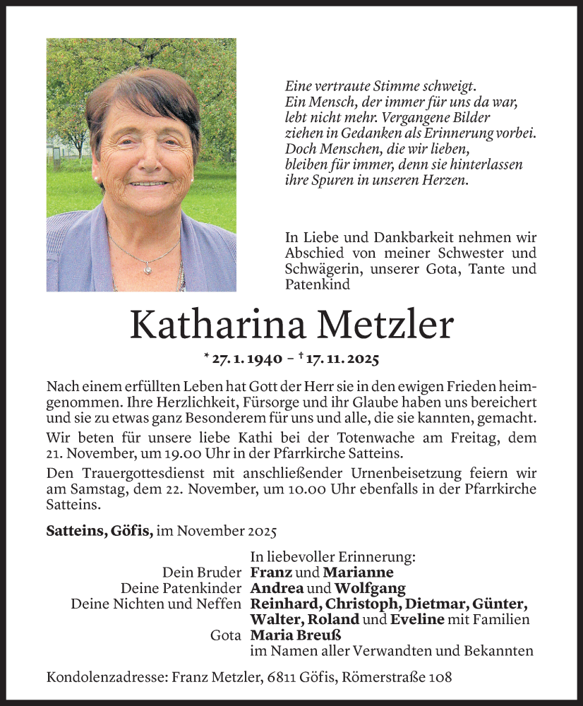  Todesanzeige für Katharina Metzler vom 19.11.2025 aus Vorarlberger Nachrichten