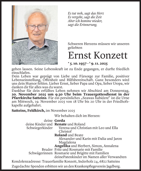 Todesanzeige von Ernst Konzett von vorarlberger nachrichten