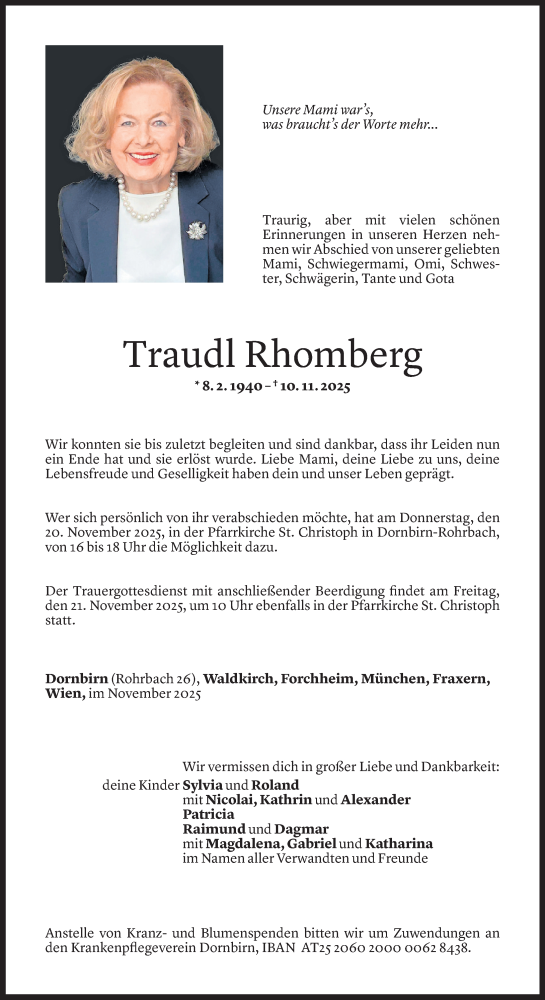  Todesanzeige für Traudl Rhomberg vom 14.11.2025 aus Vorarlberger Nachrichten