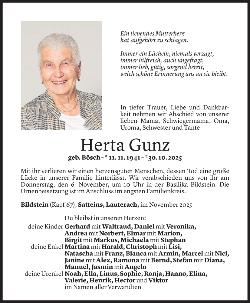  Todesanzeige für Herta Gunz vom 03.11.2025 aus Vorarlberger Nachrichten