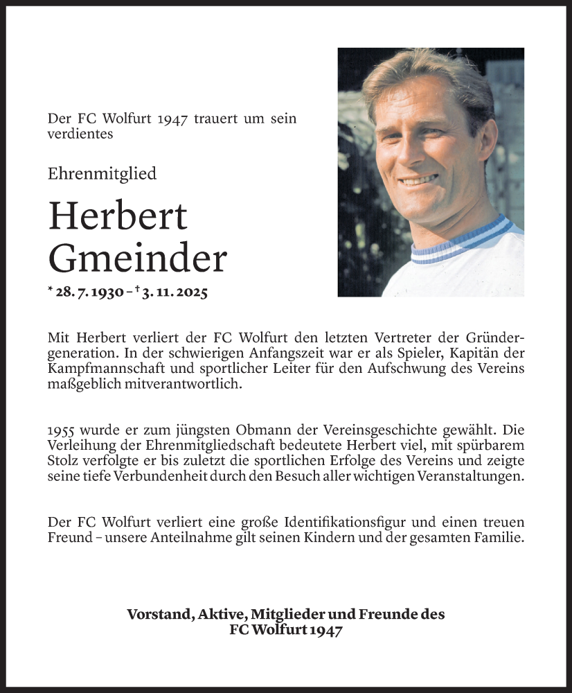  Todesanzeige für Herbert Gmeinder vom 04.11.2025 aus Vorarlberger Nachrichten