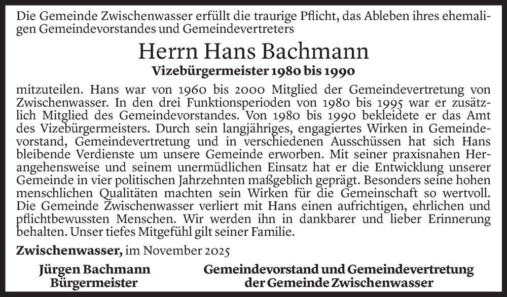  Todesanzeige für Hans Bachmann vom 12.11.2025 aus vorarlberger nachrichten