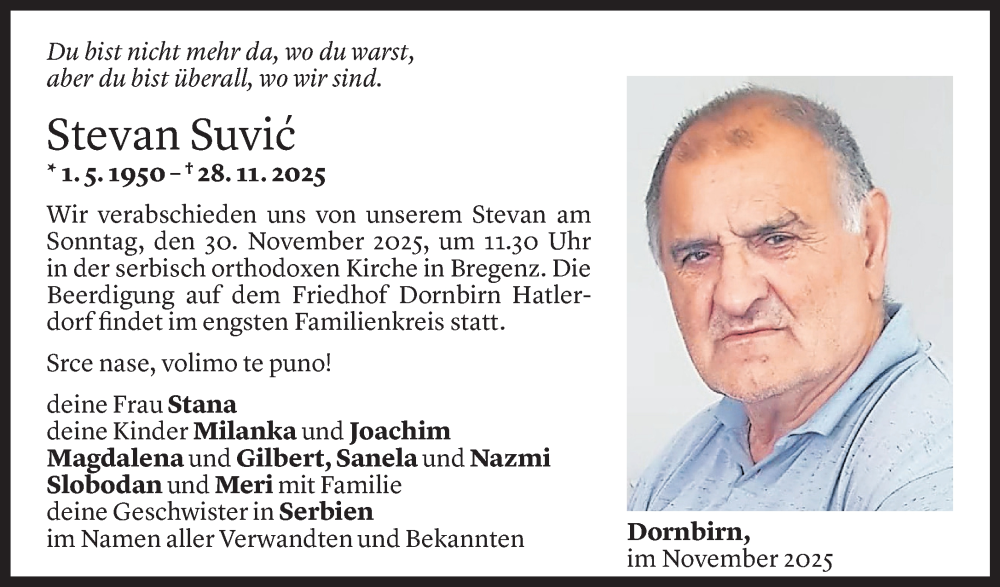  Todesanzeige für Stevan Suvic vom 28.11.2025 aus Vorarlberger nachrichten