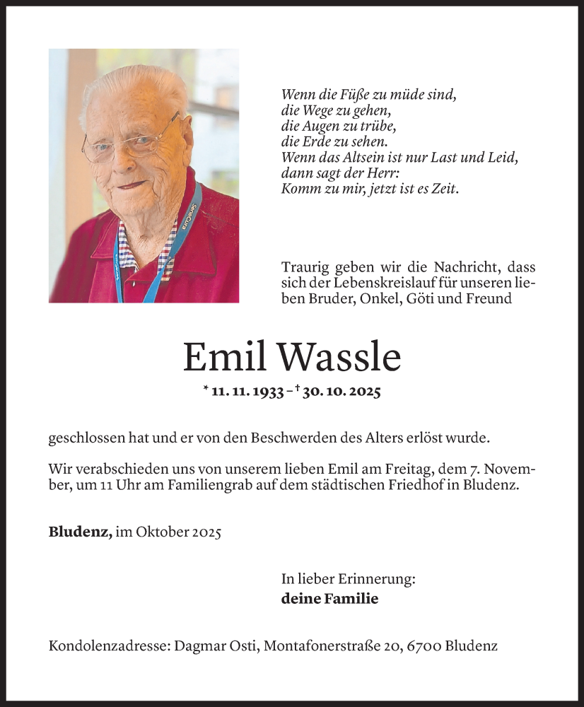  Todesanzeige für Emil Wassle vom 05.11.2025 aus Vorarlberger Nachrichten