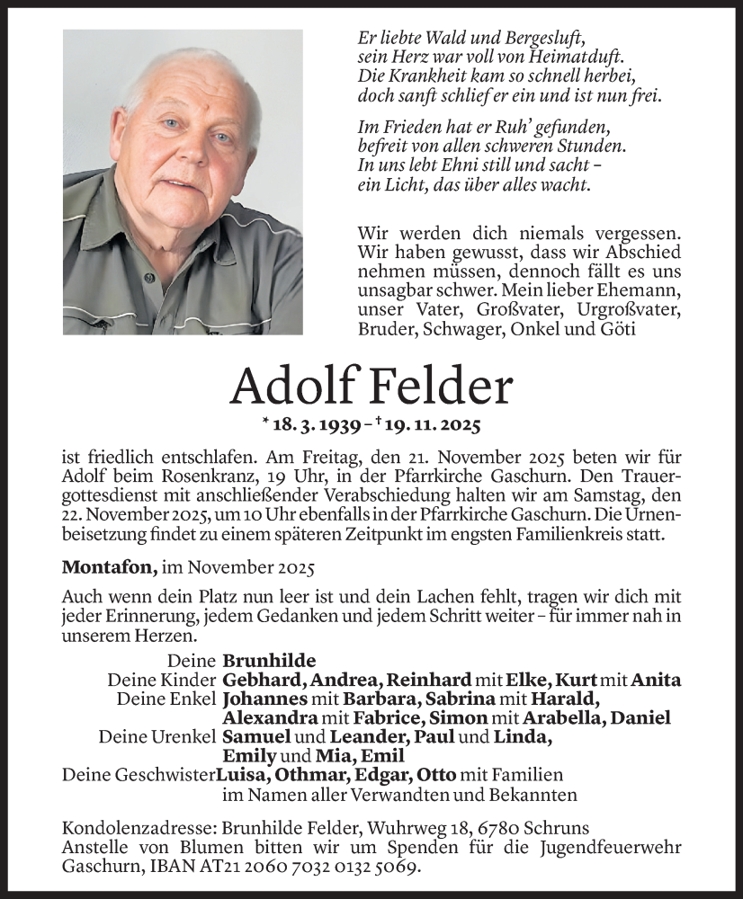  Todesanzeige für Adolf Felder vom 19.11.2025 aus Vorarlberger Nachrichten