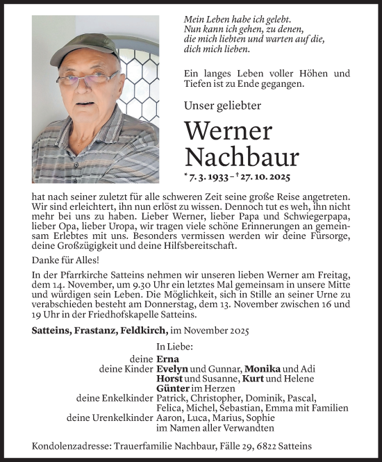 Todesanzeige von Werner Nachbaur von vorarlberger nachrichten