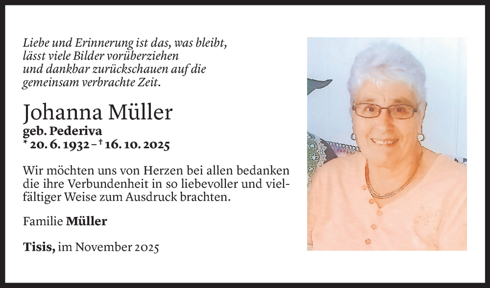 Todesanzeige für Johanna Müller vom 06.11.2025 aus Vorarlberger Nachrichten