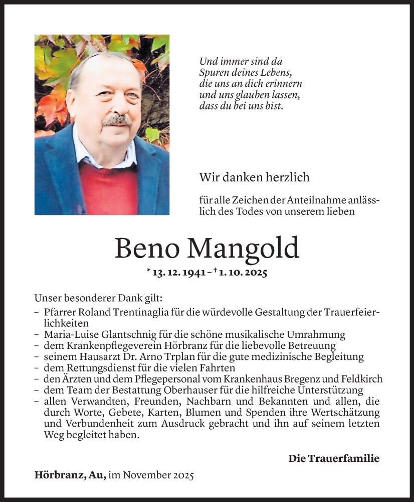  Todesanzeige für Beno Mangold vom 07.11.2025 aus Vorarlberger Nachrichten