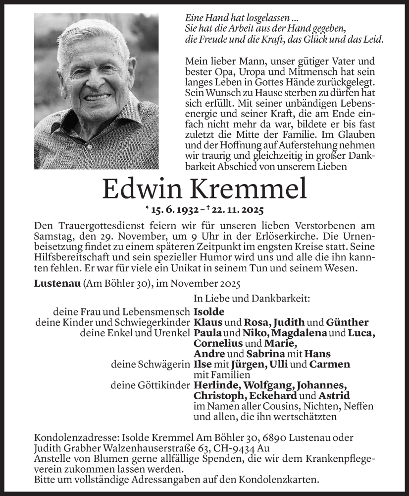  Todesanzeige für Edwin Kremmel vom 25.11.2025 aus vorarlberger nachrichten