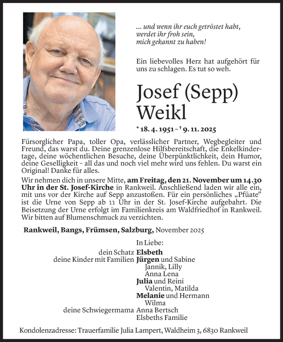 Todesanzeige von Josef Weikl von vorarlberger nachrichten