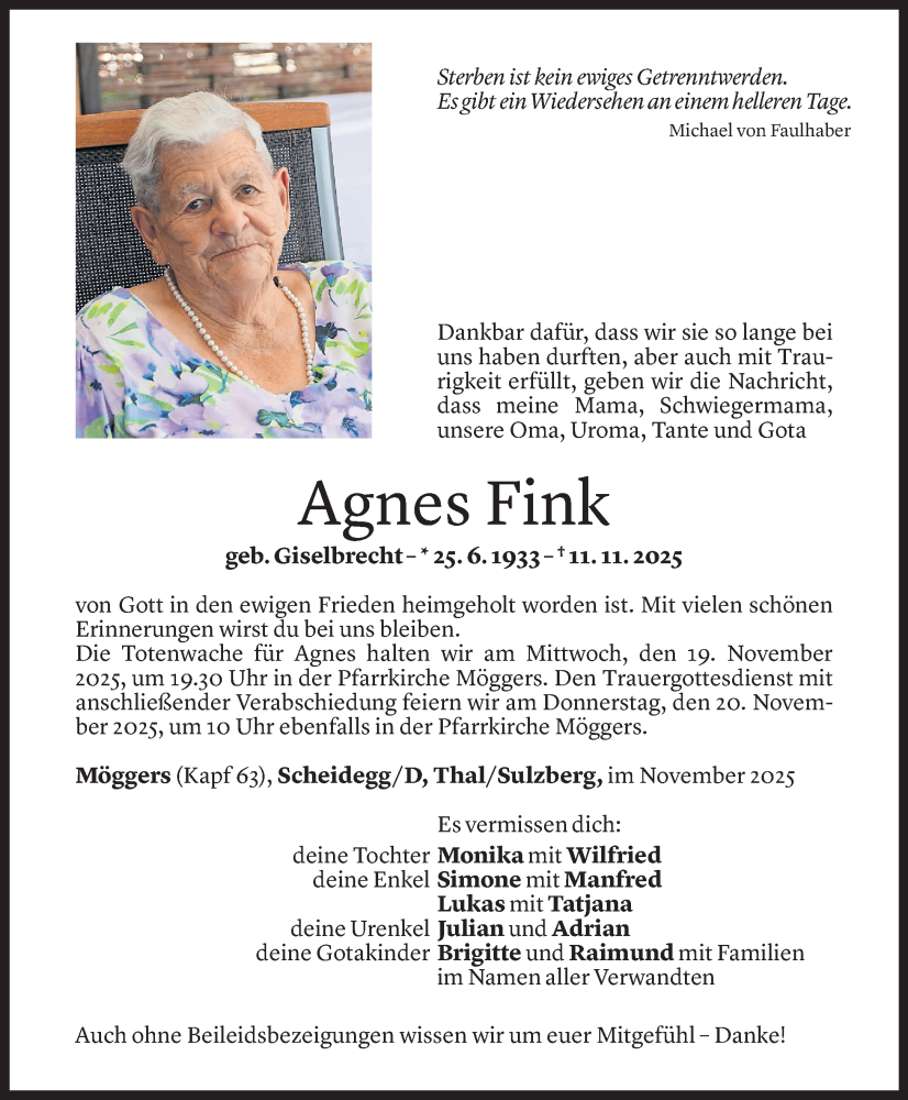  Todesanzeige für Agnes Fink vom 14.11.2025 aus Vorarlberger Nachrichten