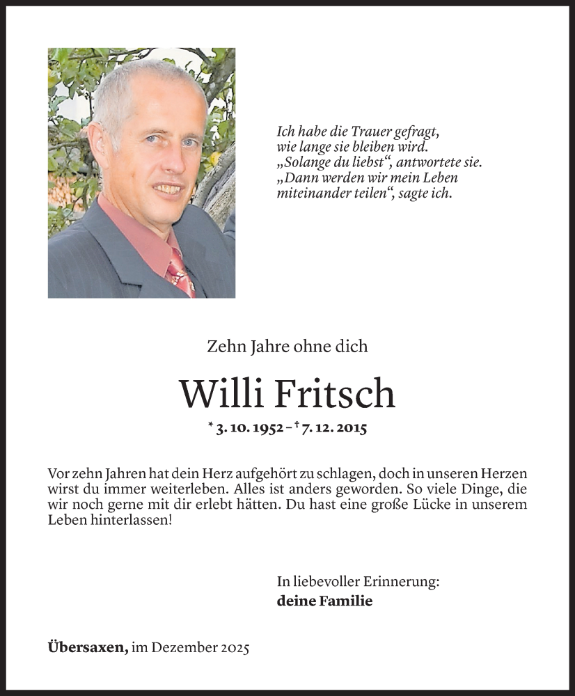  Todesanzeige für Willi Fritsch vom 06.12.2025 aus vorarlberger nachrichten