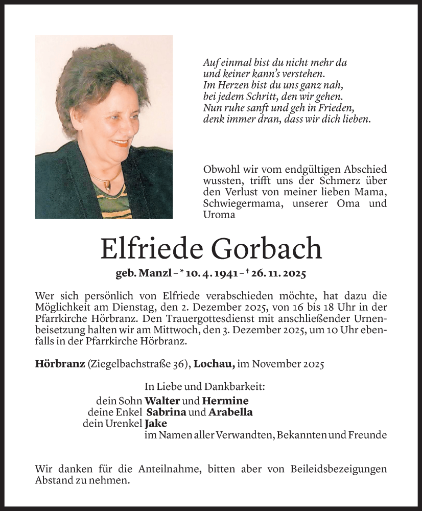  Todesanzeige für Elfriede Gorbach vom 29.11.2025 aus Vorarlberger Nachrichten
