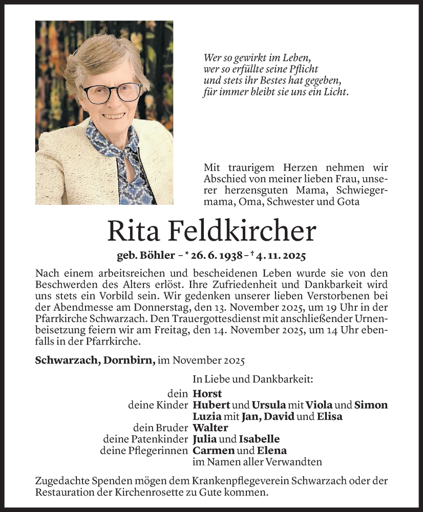  Todesanzeige für Rita Feldkircher vom 10.11.2025 aus Vorarlberger Nachrichten