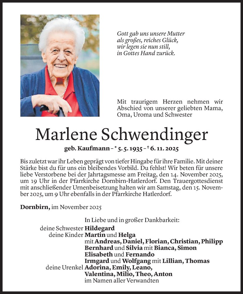  Todesanzeige für Marlene Schwendinger vom 10.11.2025 aus vorarlberger nachrichten