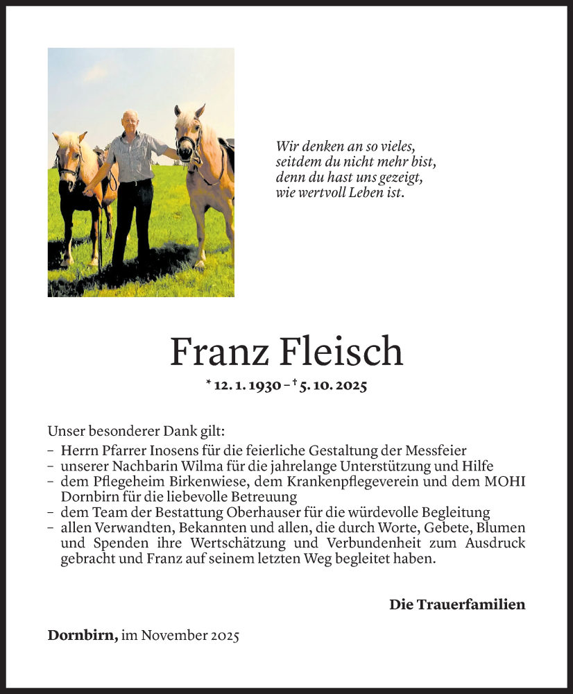  Todesanzeige für Franz Fleisch vom 07.11.2025 aus vorarlberger nachrichten