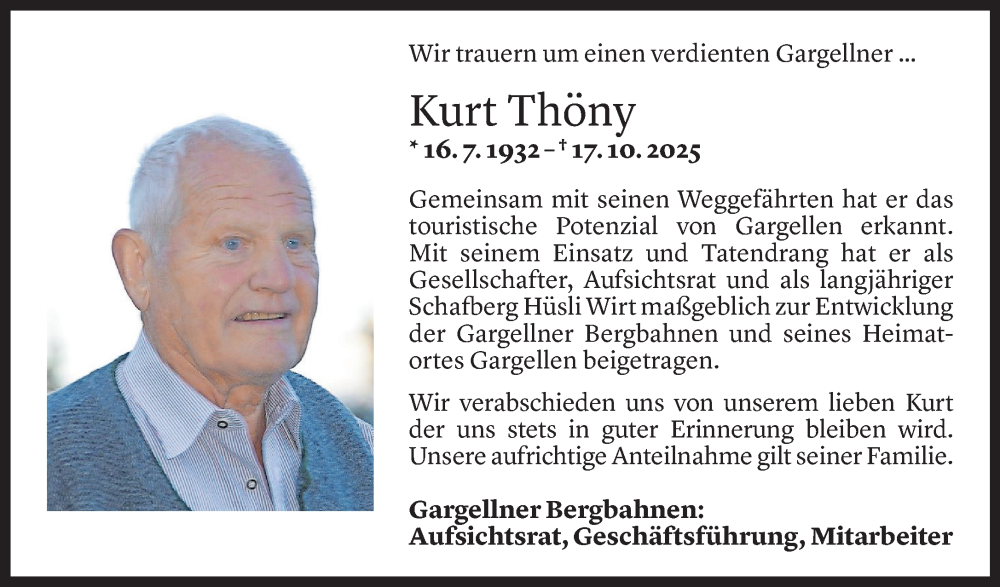  Todesanzeige für Kurt Thöny vom 21.11.2025 aus Vorarlberger Nachrichten