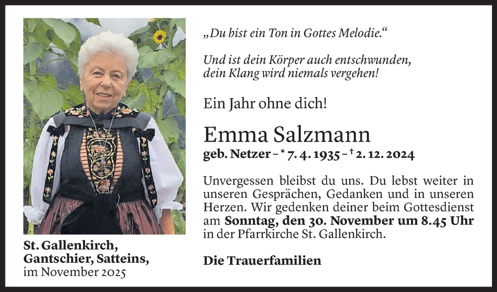  Todesanzeige für Emma Salzmann vom 20.11.2025 aus Vorarlberger Nachrichten