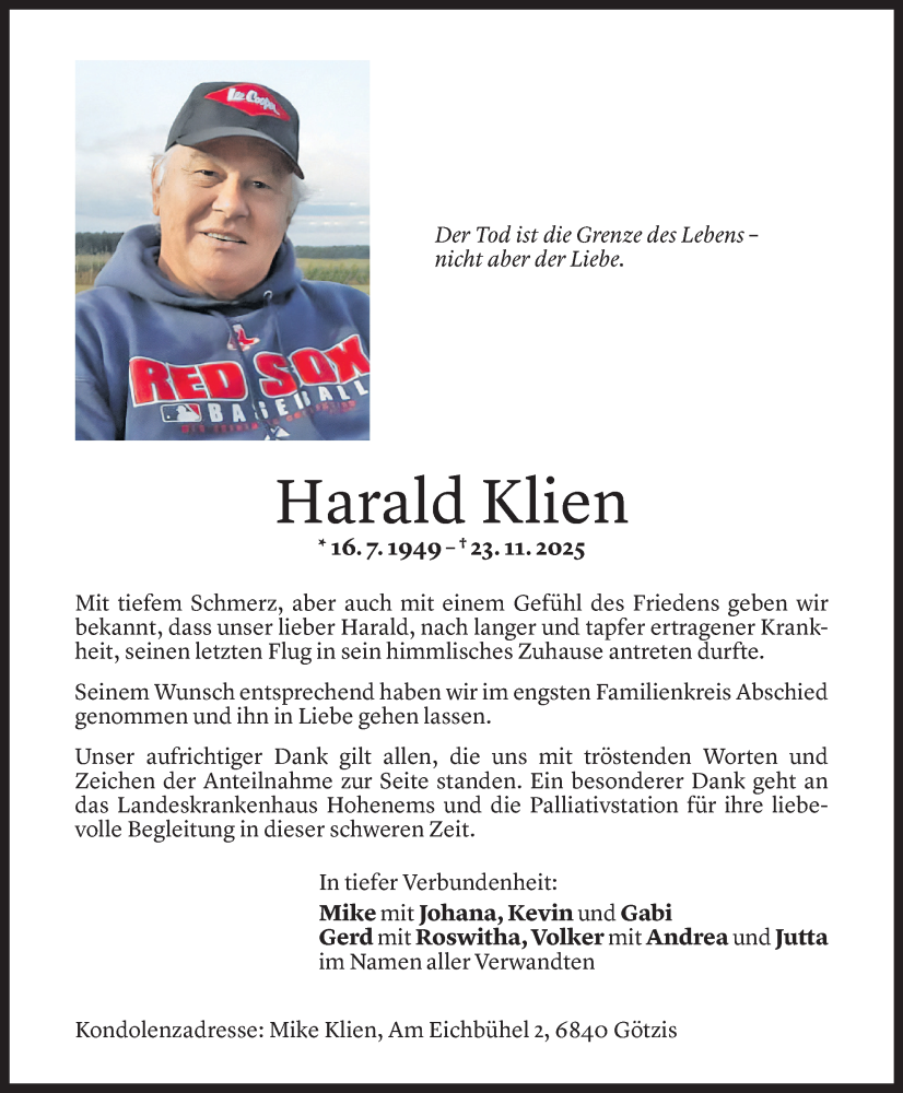  Todesanzeige für Harald Klien vom 29.11.2025 aus vorarlberger nachrichten