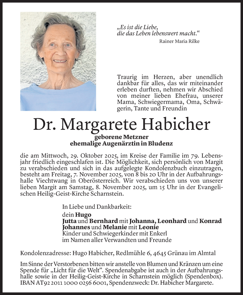  Todesanzeige für Margarete Habicher vom 03.11.2025 aus Vorarlberger Nachrichten
