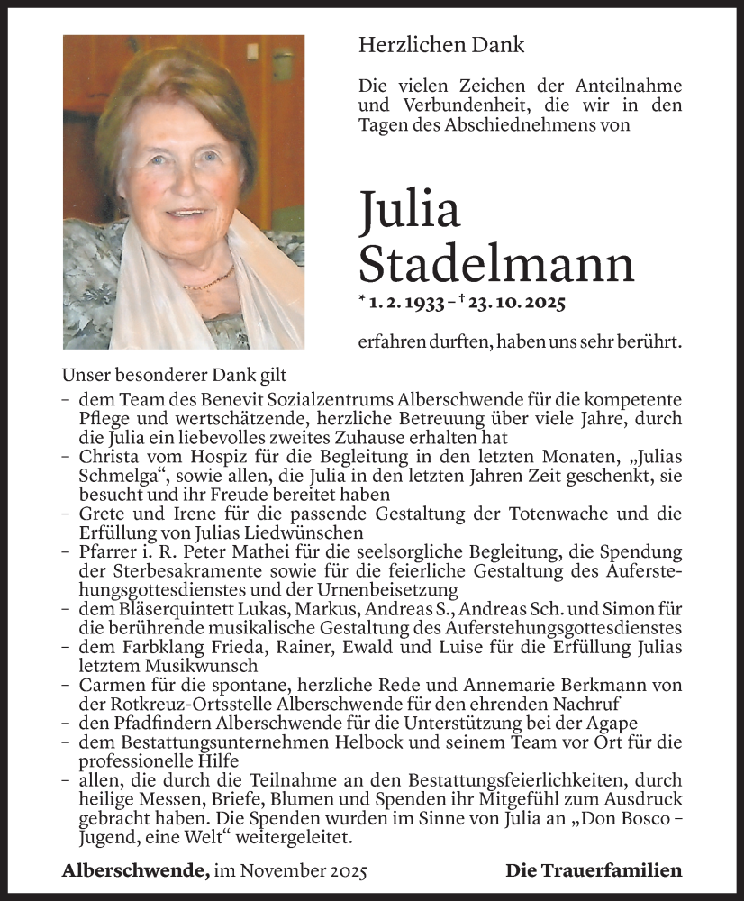  Todesanzeige für Julia Stadelmann vom 28.11.2025 aus vorarlberger nachrichten