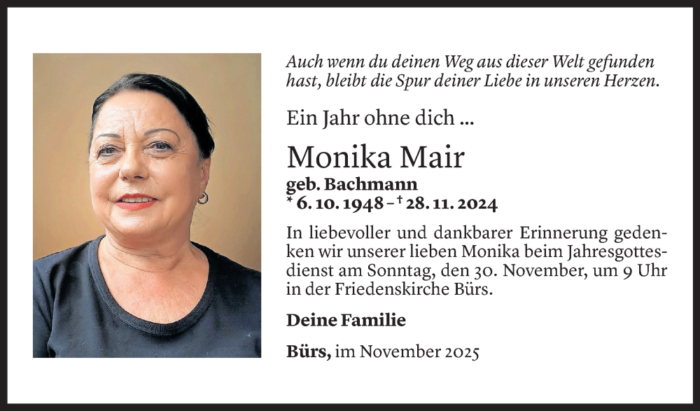  Todesanzeige für Monika Mair vom 27.11.2025 aus Vorarlberger Nachrichten