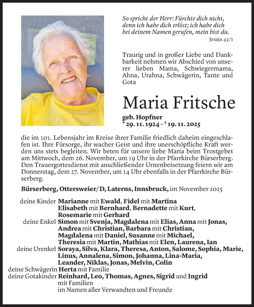  Todesanzeige für Maria Fritsche vom 21.11.2025 aus Vorarlberger Nachrichten