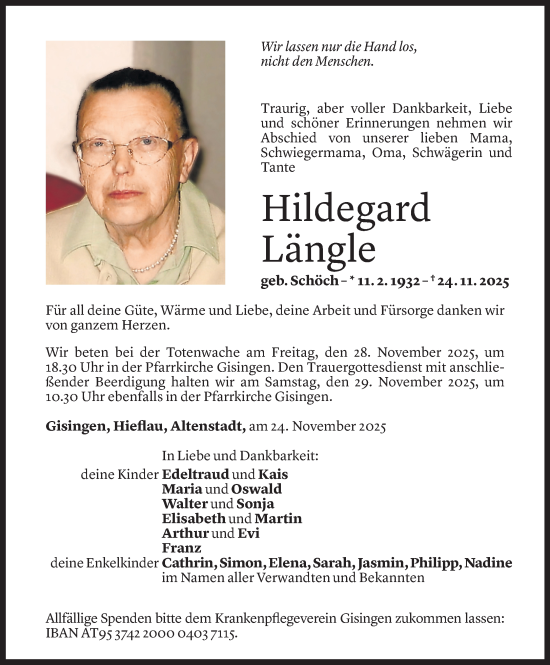 Todesanzeige von Hildegard Längle von vorarlberger nachrichten