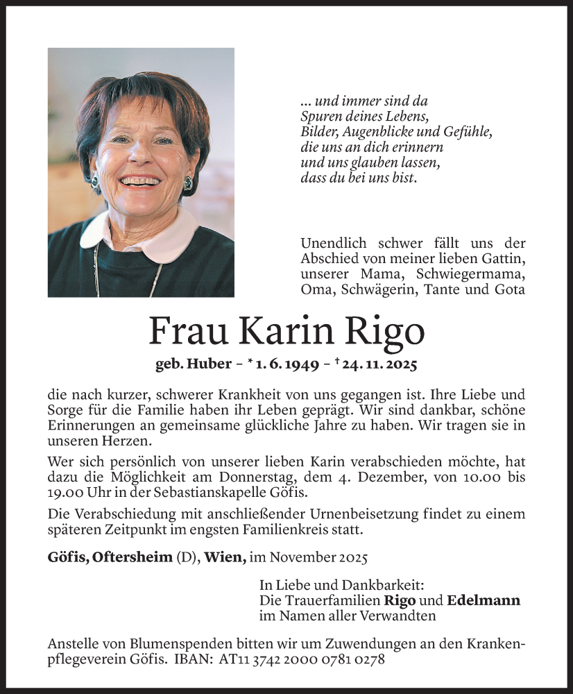  Todesanzeige für Karin Rigo vom 26.11.2025 aus Vorarlberger Nachrichten