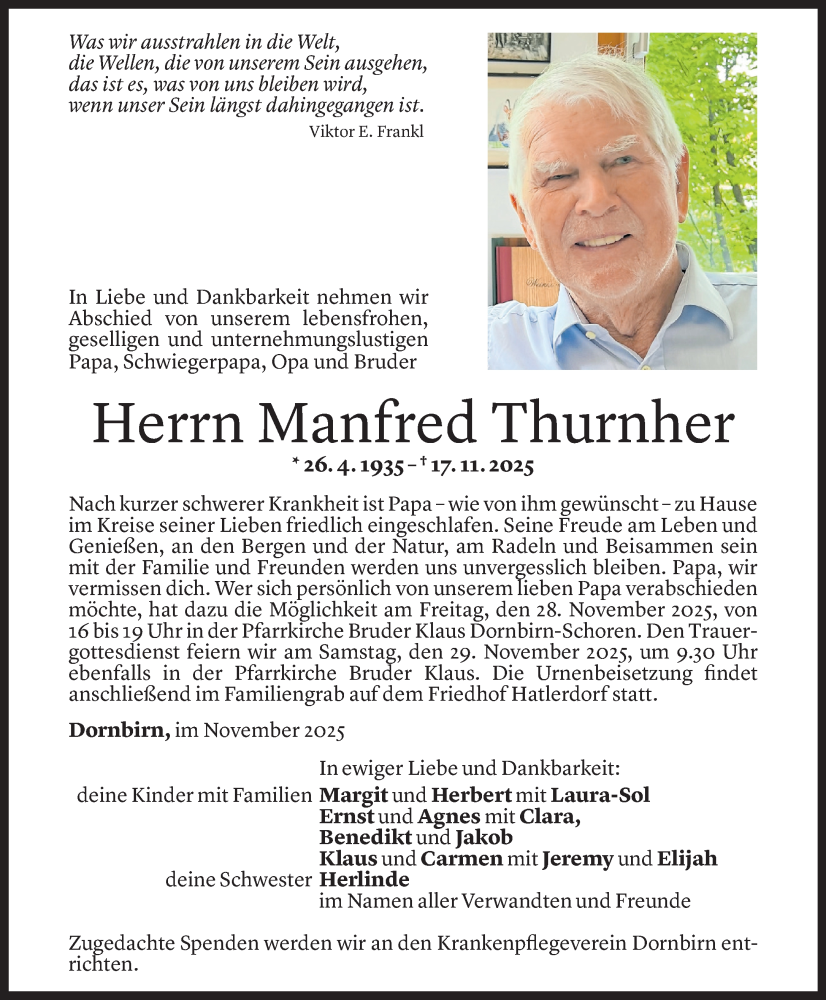  Todesanzeige für Manfred Thurnher vom 21.11.2025 aus Vorarlberger Nachrichten