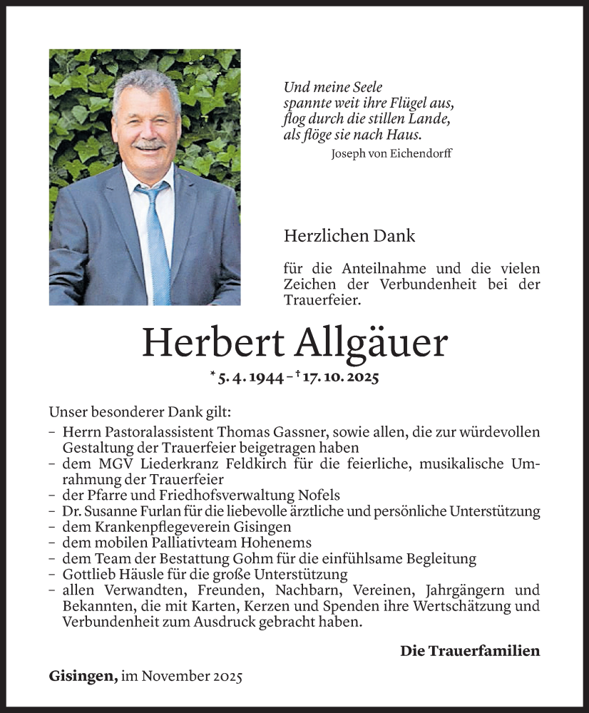  Todesanzeige für Herbert Allgäuer vom 12.11.2025 aus Vorarlberger Nachrichten