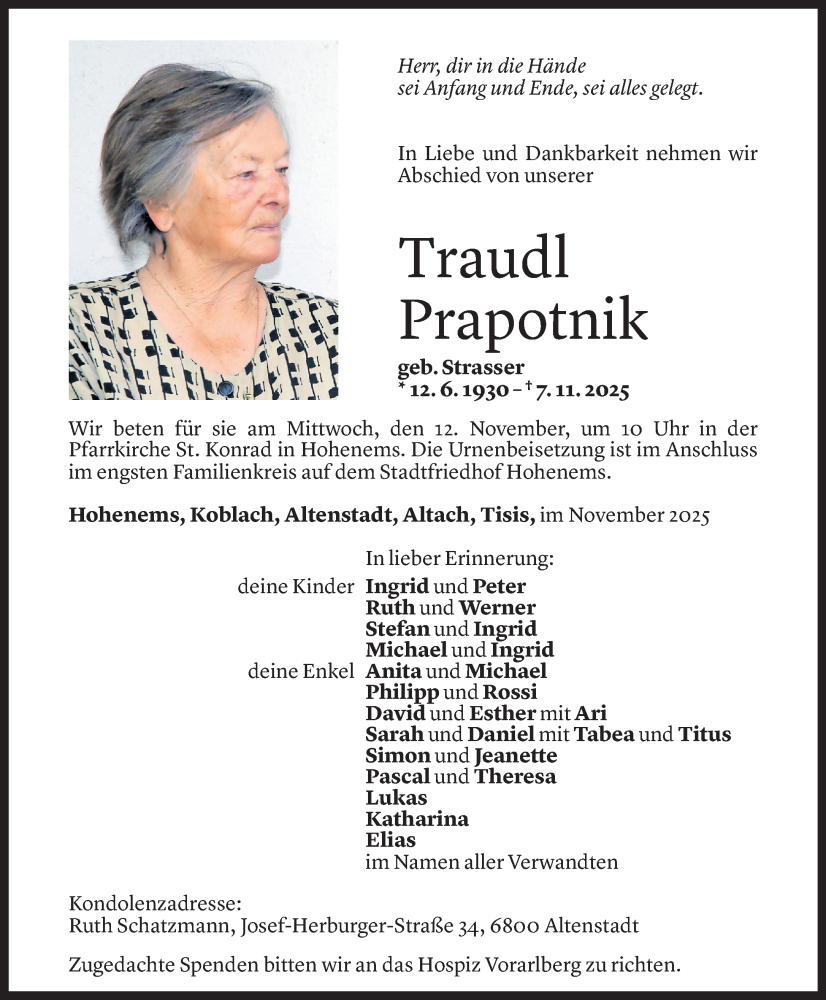  Todesanzeige für Traudl Prapotnik vom 10.11.2025 aus vorarlberger nachrichten