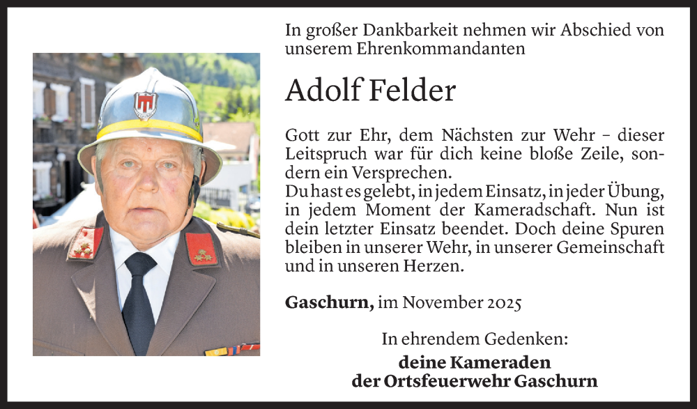  Todesanzeige für Adolf Felder vom 20.11.2025 aus vorarlberger nachrichten