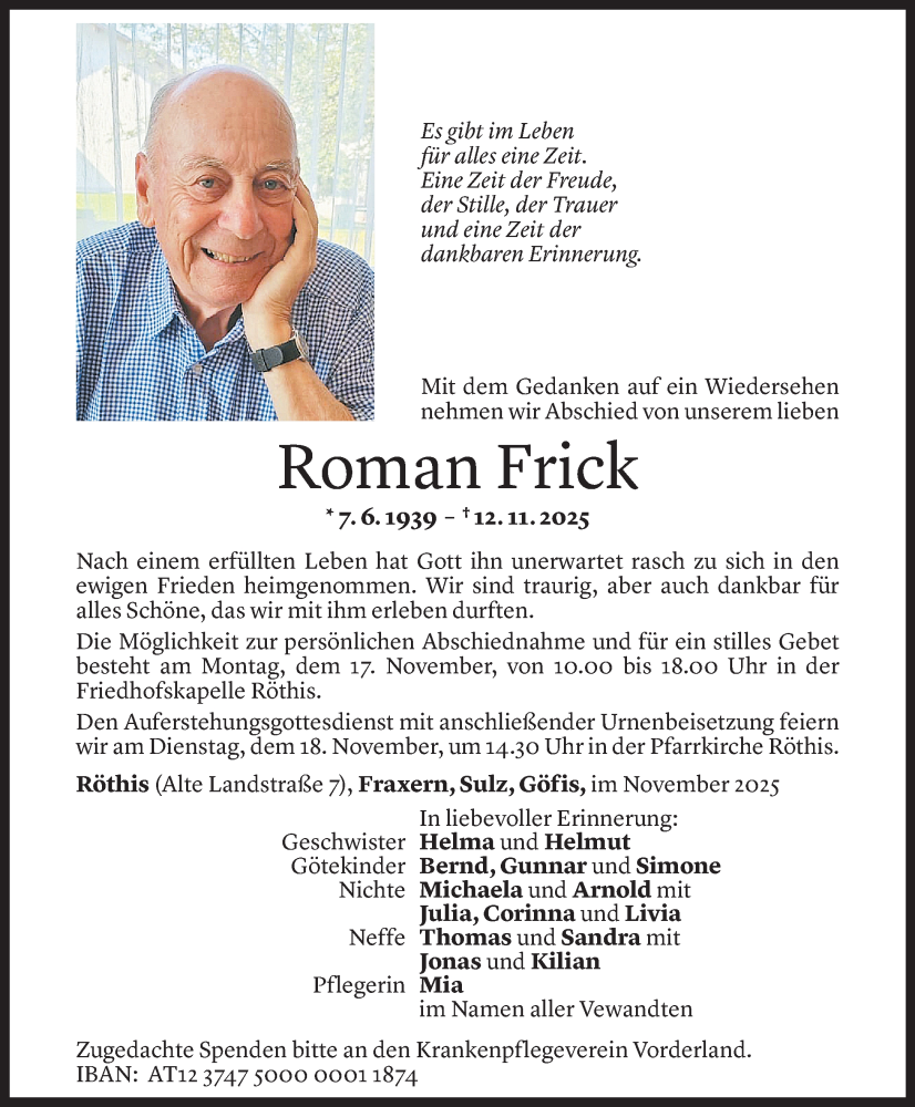  Todesanzeige für Roman Frick vom 13.11.2025 aus Vorarlberger Nachrichten