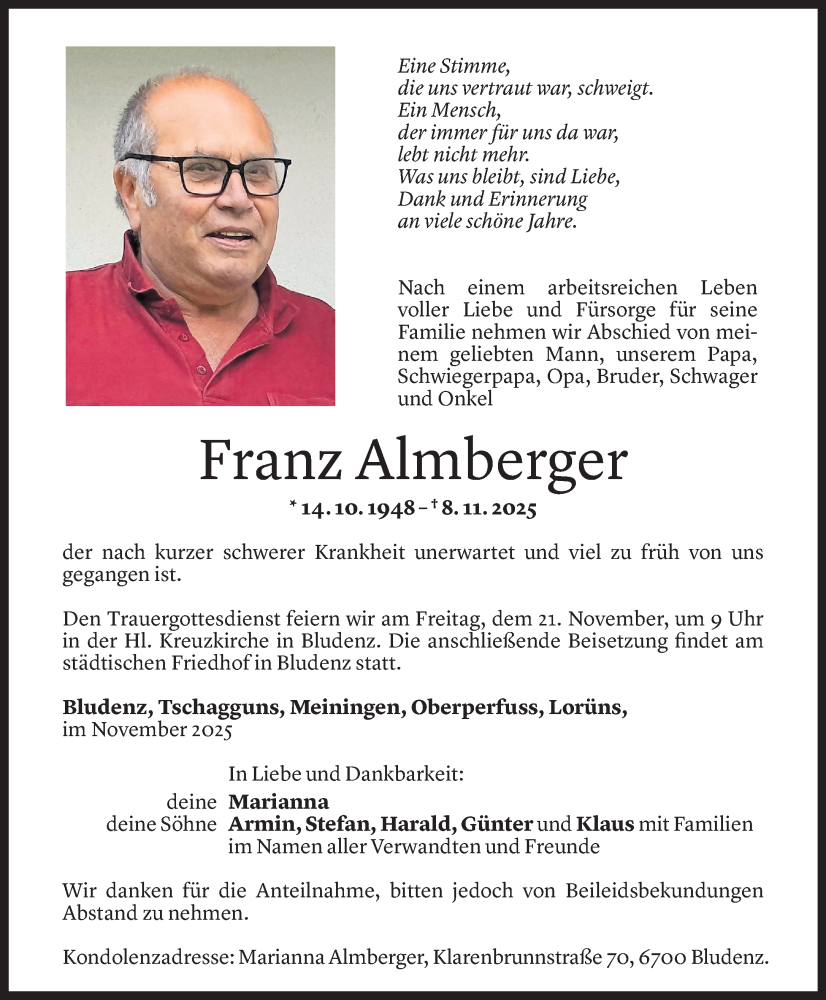  Todesanzeige für Franz Almberger vom 18.11.2025 aus vorarlberger nachrichten