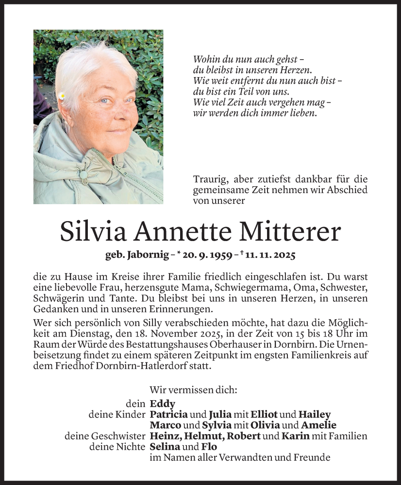  Todesanzeige für Silvia Annette Mitterer vom 14.11.2025 aus Vorarlberger Nachrichten